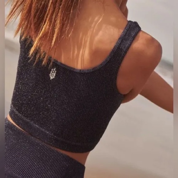 Free People Happiness Runs Square Neck Crop Tank M/L Navy Blue Lurex Sparkle - Picture 3 of 9